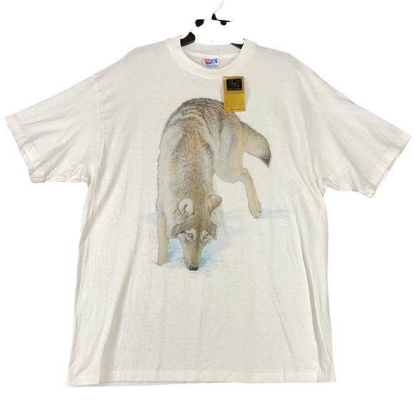 Hanes Beefy T Glen Loates Wolf Graphic Art Wildlife Nature White Cotton XL Mens